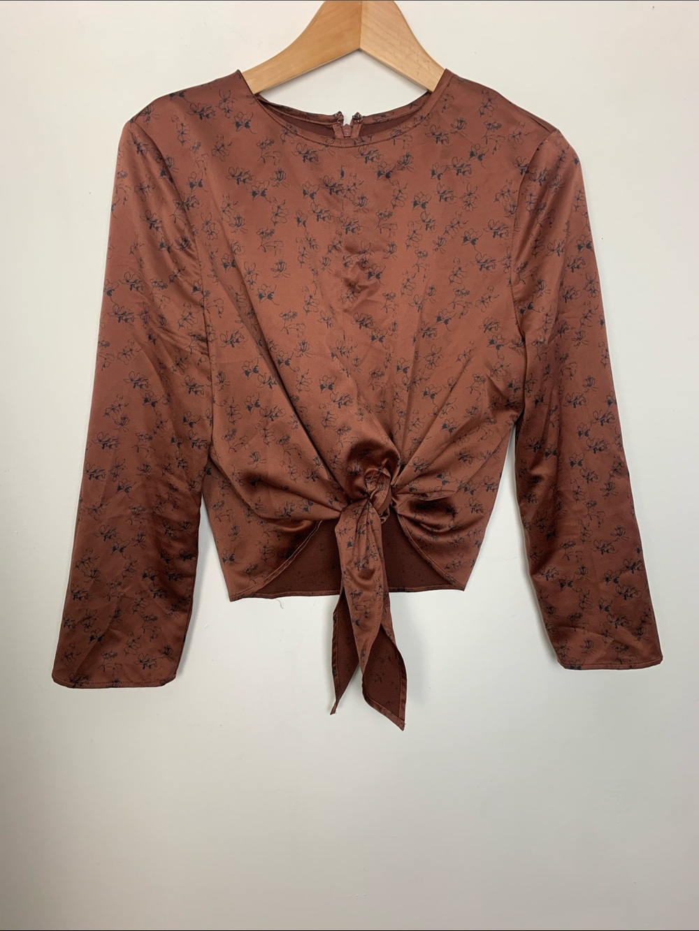 Oak & Fort Tie-Front Floral Satin Top Brown